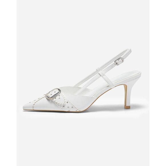 💫 Women White Slingback Kitten Heels Studded Pointed Toe Pumps Buckle Shoes - Picture 4 of 7
